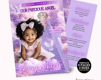 May include: A funeral program template featuring a purple cloud background with a child wearing a pink dress and bow. Text includes In Loving Memory Of Our Precious Angel, Avery Nicole, March 10, 2023 – March 18, 2025, and service details.