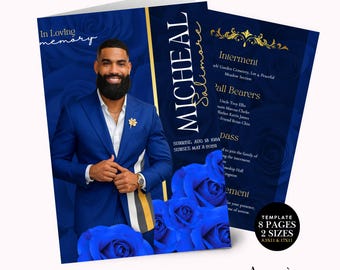 May include: A funeral program template featuring a deep blue background with vibrant blue roses. The cover displays a photo of a man in a blue suit, the text In Loving Memory, Micheal Salimore, and dates. The interior lists interment and pall bearer details.