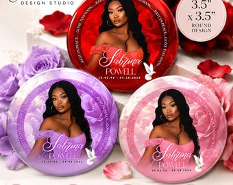 3 Memorial Button Templates Bundle, Editable Canva Funeral Pin Designs, 3.5 Inch Celebration of Life Buttons, Red Purple Pink