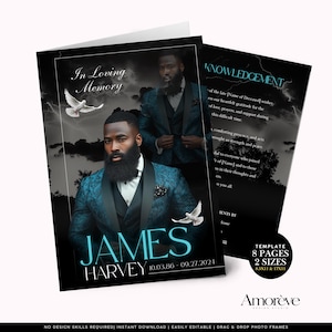 May include: A funeral program template featuring a portrait of a man with a beard in a teal patterned suit. The text reads In Loving Memory, James Harvey, 10.03.86 - 09.27.2024, and Acknowledgement. Two white doves fly against a dark, stormy sky background.