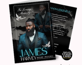 May include: A funeral program template featuring a portrait of a man with a beard in a teal patterned suit. The text reads In Loving Memory, James Harvey, 10.03.86 - 09.27.2024, and Acknowledgement. Two white doves fly against a dark, stormy sky background.