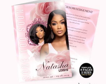 May include: A funeral program template featuring a pink rose background, a portrait of a person, and the text GONE TOO SOON, ACKNOWLEDGEMENT, and Natasha LEWIS. Includes a circular ornate frame, a white dove silhouette, and dates 10.02.96 - 09.28.2024.