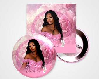Pink Memorial Button Template, 3.5 Inch Funeral Pin, Editable Canva Photo Memorial Button, Pink Rose Celebration of Life Keepsake