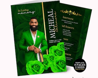 May include: A funeral program template featuring a dark green background with rose patterns, a photo of a person in a green suit, and the text In Loving Memory, Micheal Salimore, Sunrise Aug 13 1984, Sunset May 3 2025, and 8 Pages 2 Sizes 8.5x11 & 17x11.