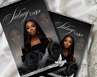 Black Rose Editable Funeral Program Template for Men and Women Memorial Service Program Canva (Digital Download- 8.5x11 & 17x11 )