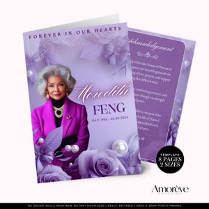May include: A funeral program template in shades of purple featuring a portrait of a person with gray hair wearing a bright pink blazer and gold necklace. The text reads Forever in our hearts, Meredith Feng, 04.11.1956 - 05.20.2024, and Acknowledgement.