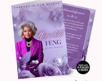 May include: A funeral program template in shades of purple featuring a portrait of a person with gray hair wearing a bright pink blazer and gold necklace. The text reads Forever in our hearts, Meredith Feng, 04.11.1956 - 05.20.2024, and Acknowledgement.