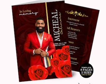 May include: A funeral program template featuring a deep red rose background, a photograph of a person in a red suit, and the text In Loving Memory, Micheal Salimore, Sunrise Aug 13 1984, Sunset May 3 2025, Interment, Pall Bearers, and 8 Pages 2 Sizes 8.5x11 & 17x11.