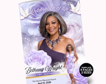 May include: A memorial program template featuring a portrait of a person with gray hair, purple roses, and white doves. The text reads Celebration of life, Bethany Wright, Sunrise Mar 3 1977 - Sunset Feb 28 2025, The Hanson Memorial Church, April 15, 2026, 8:00 am to 11:00am.