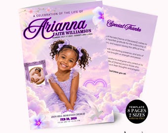 May include: A funeral program template featuring a purple sky background with clouds, a rainbow, and a young child in a purple dress. Text includes A CELEBRATION OF THE LIFE OF Arianna FAITH WILLIAMSON, dates, and church details.