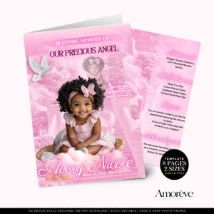May include: A pink memorial program template featuring a photo of a child with dark curly hair and a pink headband. The text reads In Loving Memory Of Our Precious Angel, Avery Nicole, March 10, 2023 – March 18, 2025, and includes details for interment, pallbearers, and repass.