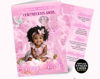May include: A pink memorial program template featuring a photo of a child with dark curly hair and a pink headband. The text reads In Loving Memory Of Our Precious Angel, Avery Nicole, March 10, 2023 – March 18, 2025, and includes details for interment, pallbearers, and repass.