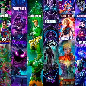 May include: A digital collage of Fortnite characters, including The Raven, Codeman ELF, Black Panther, Captain Marvel, and Dark Boomer. The characters are depicted in a vibrant, colorful style with neon accents. The text "Fortnite" appears multiple times throughout the image.
