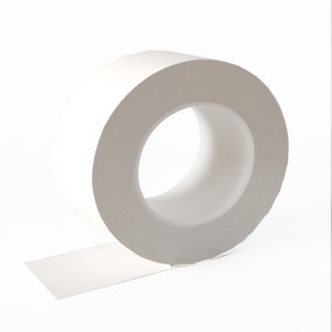 May include: A roll of white duct tape with a section of the tape unrolled.