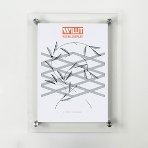 May include: A clear acrylic frame with a white poster inside. The poster features a black and white illustration of a plant with a geometric pattern behind it. The poster also includes the text "WILLIT RETAIL DISPLAY" and "BISTRO URBANO".