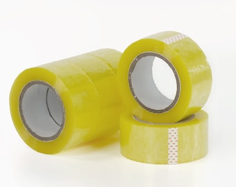 May include: Three rolls of yellow packing tape. The tape is clear and has a brown core.