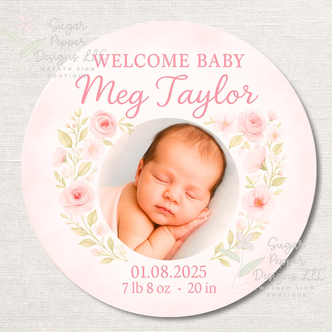 Custom Baby Girl Birth Announcement Sign for Wreaths, Personalized Pink ...