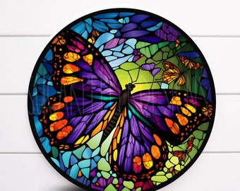 Round Faux Stained Glass Butterfly With Teal Background Wreath Sign, Metal Wreath Sign, Sugar pepper Designs, Sign For Wreath, SPD-2049