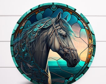 Round Faux Stained Glass Horse Wreath Sign, Round Wreath Sign, Signs For Wreaths, Sugar Pepper Designs, Door Decor, SPD-2046