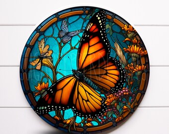 Round Faux Stained Glass Butterfly With Teal Background Wreath Sign, Metal Wreath Sign, Sugar pepper Designs, Sign For Wreath, SPD-2065