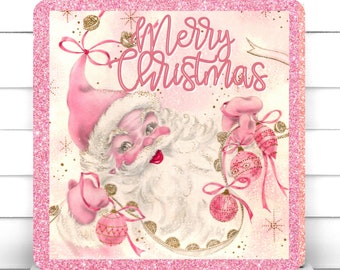 Wreath Sign, Blush Pink Retro Santa Claus Wreath Sign, Pink Christmas Wreath Sign, Sugar Pepper Designs, Sign For Wreath