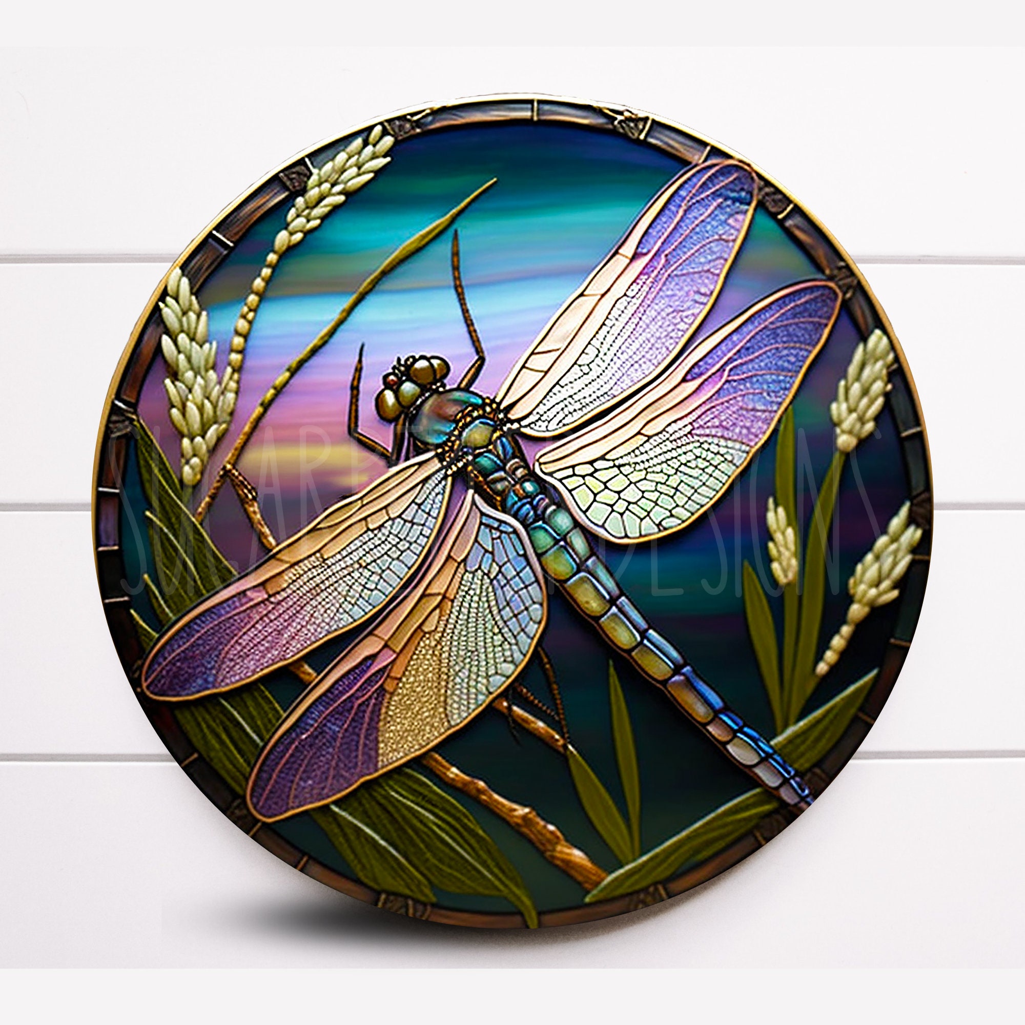 Round Dragonfly Faux Stained Glass Metal Wreath Sign, Door Decor, Sugar Pepper Designs, Sign For Wreaths, SPD-2124