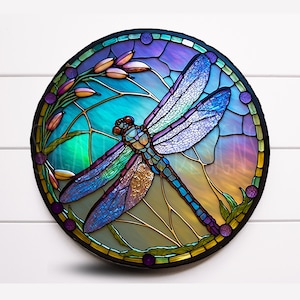 Round Dragonfly Faux Stained Glass Metal Wreath Sign, Door Decor, Sugar Pepper Designs, Sign For Wreaths