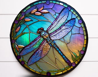 Round Dragonfly Faux Stained Glass Metal Wreath Sign, Door Decor, Sugar Pepper Designs, Sign For Wreaths, SPD-2048