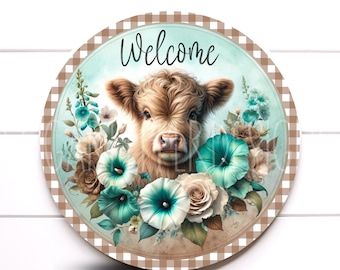 Farmhouse Western Highland Cow Wreath Sign, Turquoise and Brown Cow Decoration, Highland Cow Decor, Sugar Pepper Design, Sign For Wreath