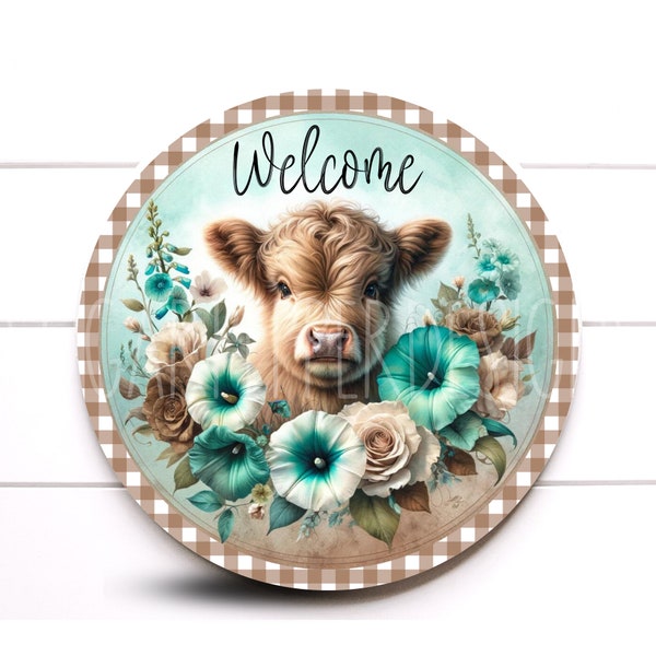 Farmhouse Western Highland Cow Wreath Sign, Turquoise and Brown Cow Decoration, Highland Cow Decor, Sugar Pepper Design, Sign For Wreath