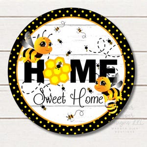 Letreros de abeja "Hogar, dulce hogar" para corona, letrero redondo de metal para corona, colgador de puerta de abejorro estilo granja, decoración de porche en amarillo y negro SPD-747