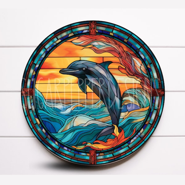 Round Faux Stained Glass Dolphin Metal Wreath Sign, Sugar Pepper Designs, Signs for Wreaths, Door Decor, Coastal Lakeside Decor