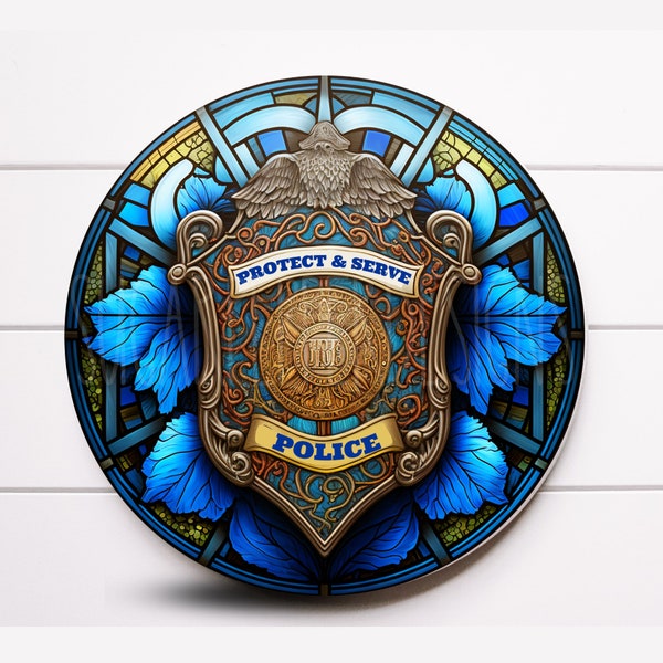 Faux Stained Glass Back the Blue Police Badge Round Metal Wreath Sign, Door Decor, Sugar Pepper Designs, Signs for Wreaths