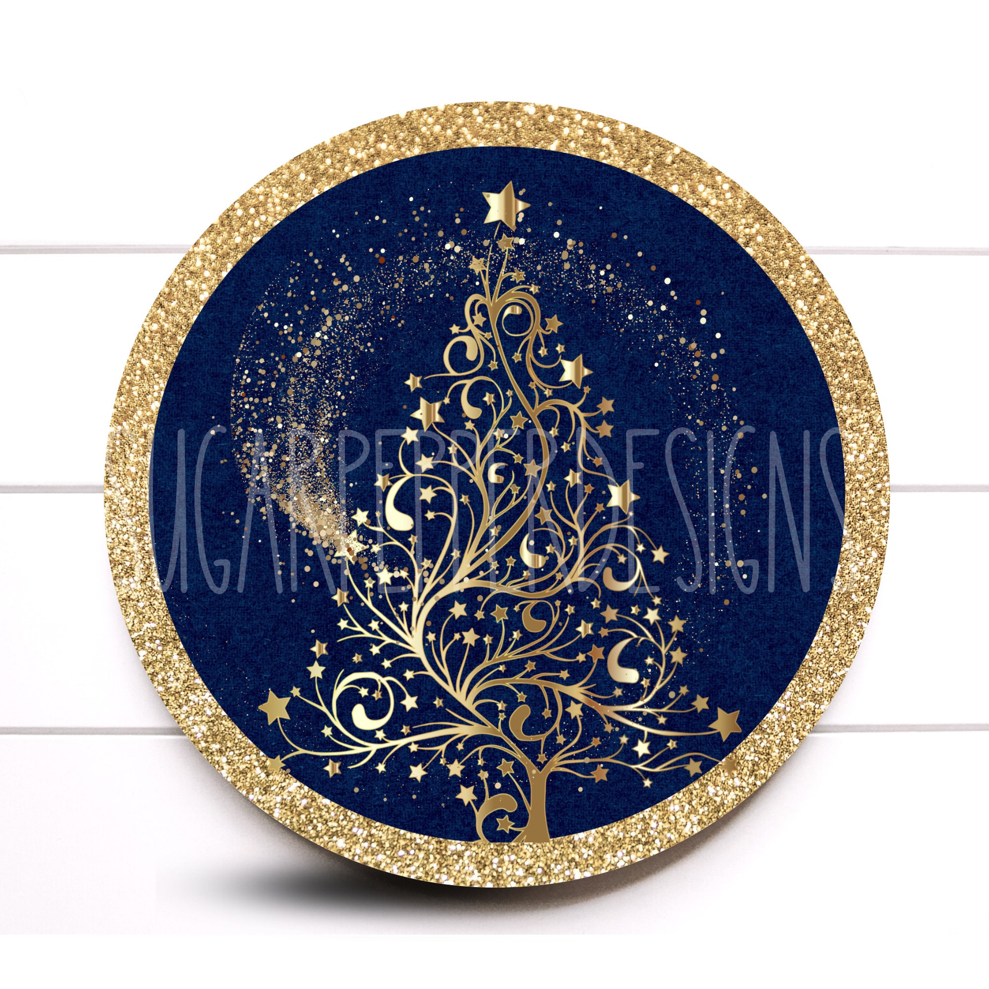 Wreath Sign, Christmas Navy and Gold Wreath Sign, Round Metal Sign, Choose your size, Sugar Pepper Designs, Sign For Wreath, SPD-483
