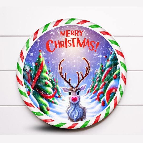Wreath Sign, Round Reindeer Merry Christmas Whimsical Wreath Sign, Metal Wreath Sign, Sugar Pepper Designs, Sign For Wreath, Door Decor