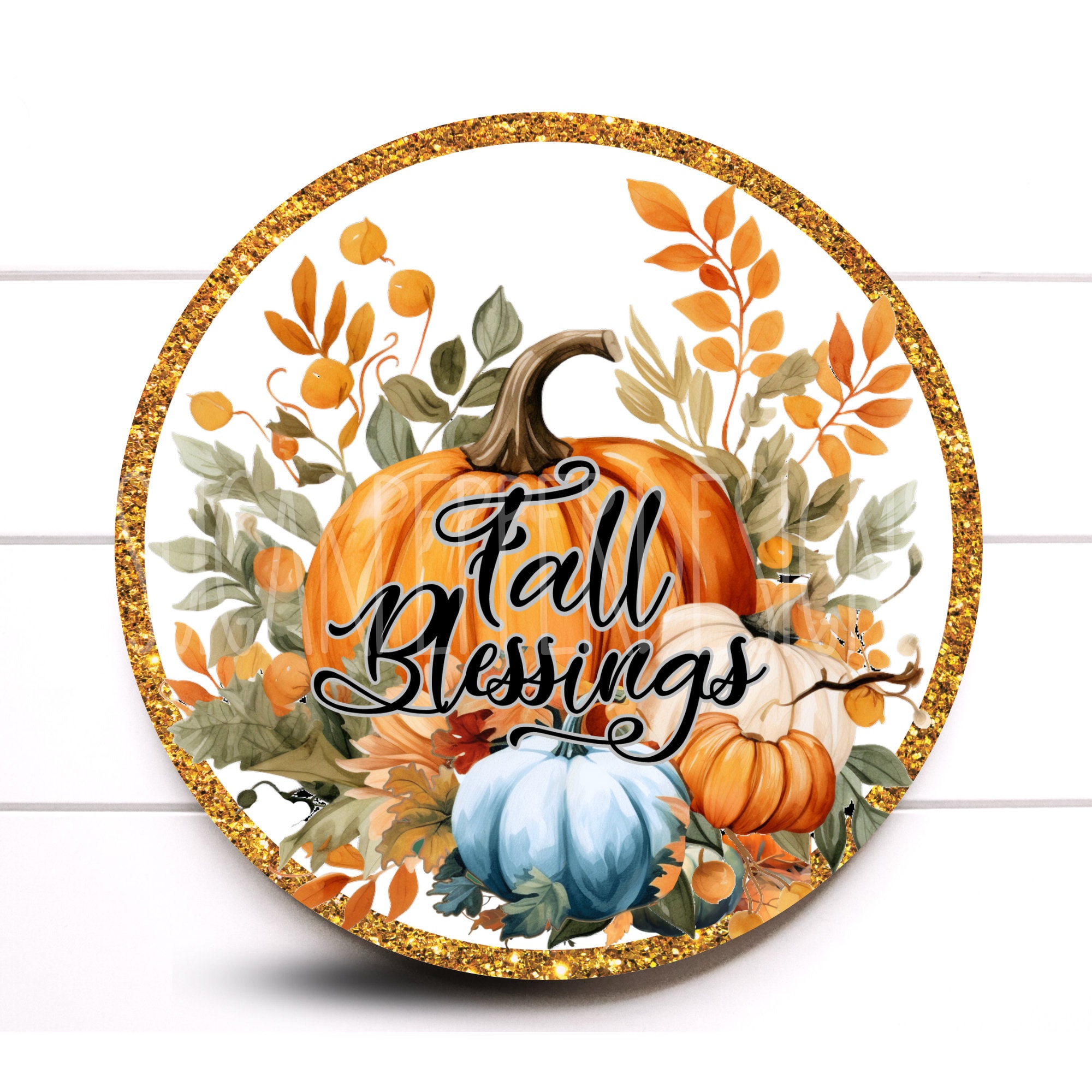 Wreath Sign, Fall Blessings Round Metal Wreath Sign, White Pumpkin Wreath Sign, Sugar Pepper Designs, Sign For Wreath, SPD-938
