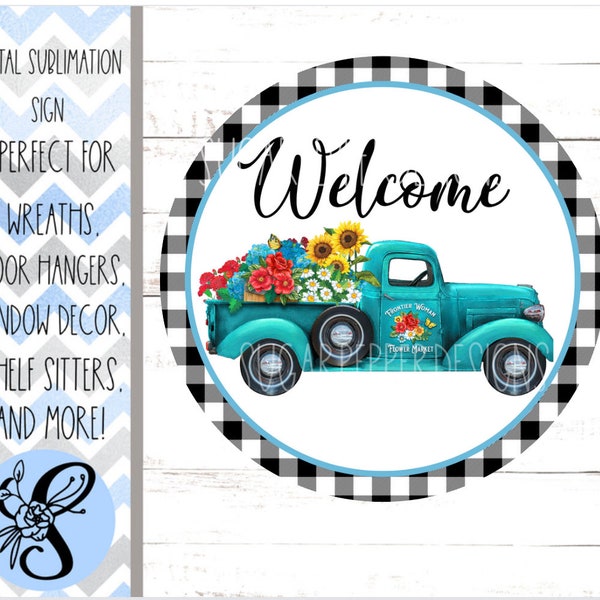 Wreath Sign, Blue Truck Round Wreath Sign, Everyday Wreath Sign,Sugar Pepper Designs, Sign For Wreath, Door Decor