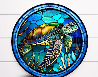 Round Faux Stained Glass Sea Turtle Metal Wreath Sign, Sugar Pepper Designs, Signs for Wreaths, Door Decor, Coastal Lakeside Decor, SPD-2058