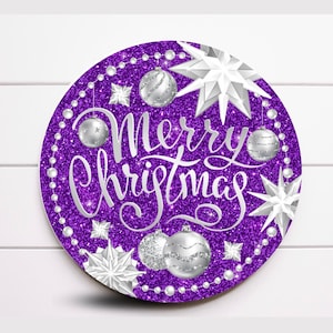 Wreath Sign, Round Purple and Silver Merry Christmas Wreath Sign, Metal Wreath Sign, Sugar Pepper Designs, Sign For Wreath