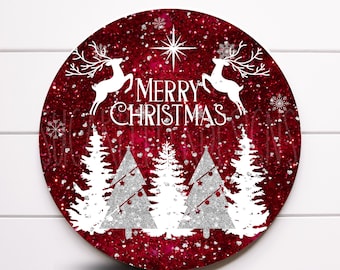 Wreath Sign, Merry Christmas Sign, Deer Christmas Tree Sign, Red Silver White Wreath Sign, Sugar Pepper Designs, Sign For Wreath