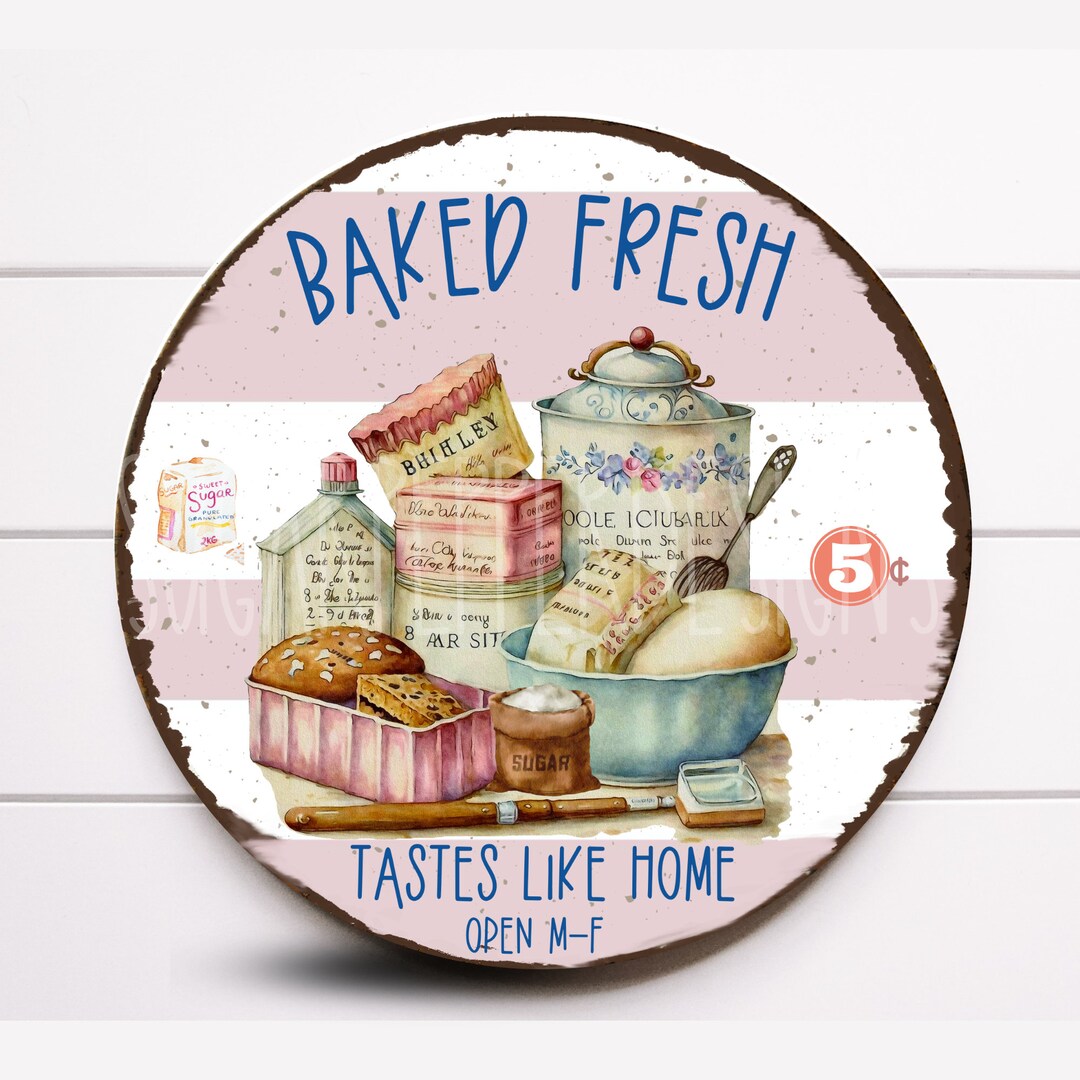 Round Bakery Fresh Kitchen Wreath Sign, Baking Wreath Sign, Round Metal ...