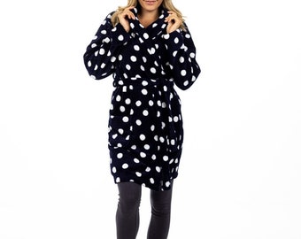 Turtle Clouds Polka Dot Navy Robe Womens Luxury Dressing Gown Clouds All Over Fleece Long Gown