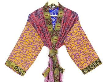 Floral Silk Sari Kimono Dress, Bridesmaid Gift Women Wear Kimono Floral Bathrobes, Beachwear Cover Up Bikini Gown, Sari Robes RS-3797