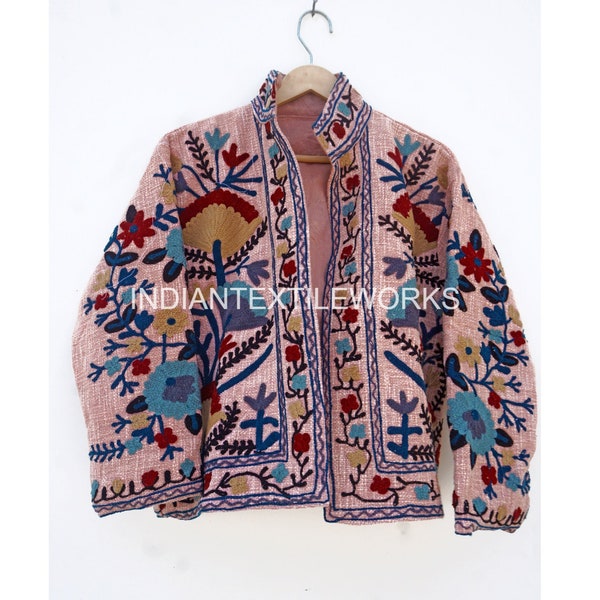 Embroidery Bomber Jacket/ Floral Embroidery Suzani Jacket/ Women Wear Cotton Jacket/ Cotton Short Bomber Coat/ Boho Handloom Khadi Jacket