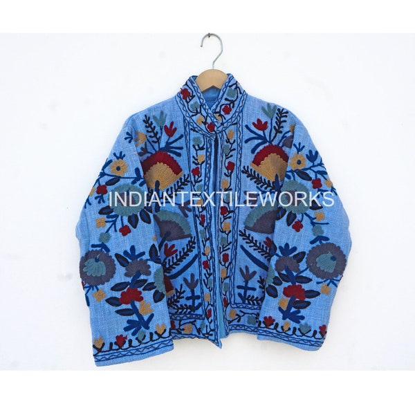 Handmade Embroidery Jacket/ Cotton Short Bomber Coat/ Bohemian Style Handloom Jacket/ Fashion Wear Green Suzani Jacket Coat