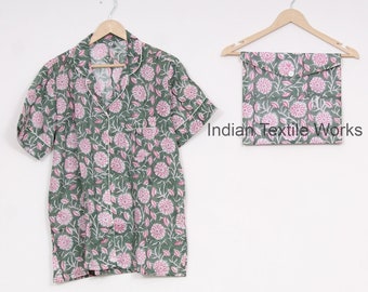 Short Sleeve Indian Blockprint High Quality Cotton Floral Print Pyjama Set Spring Summer Sunshine in my Garden Indian Cotton Hand Printed PJ