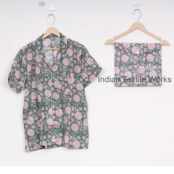 Short Sleeve Indian Blockprint High Quality Cotton Floral Print Pyjama Set Spring Summer Sunshine in my Garden Indian Cotton Hand Printed PJ