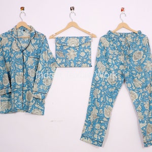 Indian 100% pure cotton pyjamas, Womens pure cotton pj's, ultra soft cotton pyjama Set trousers shirts, anokhi printed cotton pyjama set