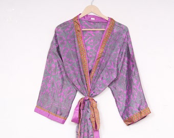 Ethnic Pink Blend Floral Silk Kimono Loungewear Handmade Designer Wedding Bridal Sleepwear Dressing Robes Vintage Silk Saree Beachwear Wraps