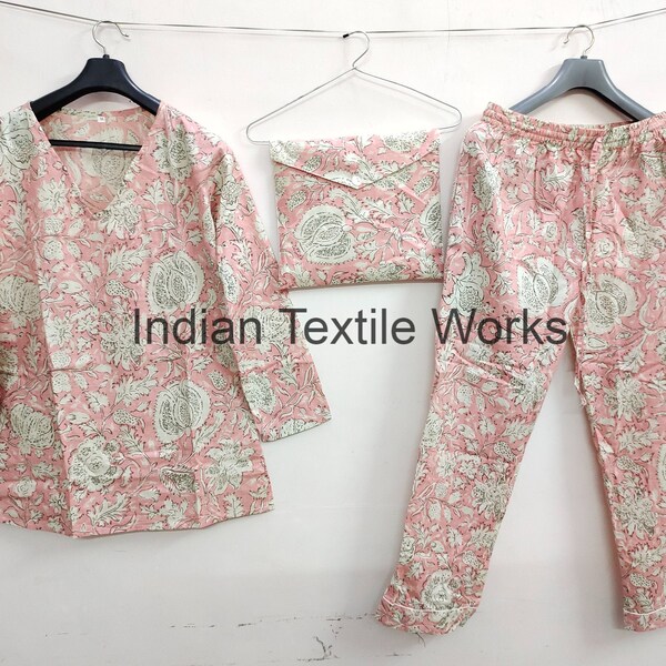 Indian 100% pure cotton pyjamas, Womens pure cotton pj's, ultra soft cotton pyjama Set trousers shirts, anokhi printed cotton pyjama set